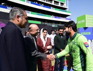 President Asif Ali Zardari shaking hands with the Captain of the Pakistan Cricket Team Muhammad Rizwan, at the National Stadium.