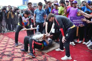 Martial arts players showing their skills at the inauguration ceremony of Khyber-Pakhtunkhwa Games 2025 at Qayyum Sports Complex.