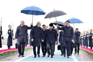 Prime Minister of Uzbekistan Abdulla Nigmatovich Aripov receives Prime Minister Muhammad Shehbaz Sharif upon his arrival in Uzbekistan.