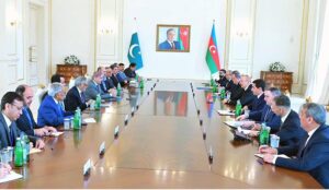 Prime Minister Muhammad Shehbaz Sharif expresses his views during joint delegation level talks between Pakistan and Azerbaijan during his 2 day official visit to Baku, Azerbaijan.