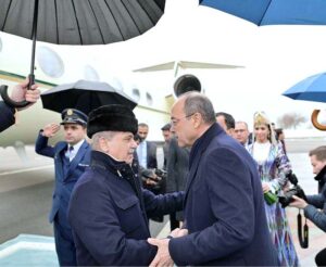 Prime Minister of Uzbekistan Abdulla Nigmatovich Aripov receives Prime Minister Muhammad Shehbaz Sharif upon his arrival in Uzbekistan.