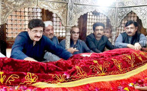 Sindh Chief Minister Syed Murad Ali Shah addresses to media persons on the last day of the 773rd Urs celebration of Hazrat Lal Shahbaz Qalandar.