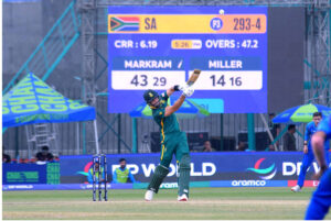 South Africa's Aiden Markram plays a shot during the ICC Champions Trophy one-day international (ODI) cricket match between Afghanistan and South Africa at the National Stadium.