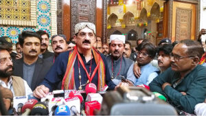 Sindh Chief Minister Syed Murad Ali Shah addresses to media persons on the last day of the 773rd Urs celebration of Hazrat Lal Shahbaz Qalandar.