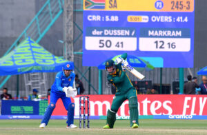 South Africa's Aiden Markram plays a shot during the ICC Champions Trophy one-day international (ODI) cricket match between Afghanistan and South Africa at the National Stadium.