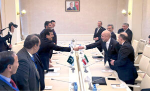 Chairman Senate, Syed Yousuf Raza Gillani in a meeting with Mohammad Bagher Ghalibaf, Speaker of the Islamic Consultative Assembly of Iran on the side lines of the 15th Plenary Session of the Asian Parliamentary Assembly (APA).