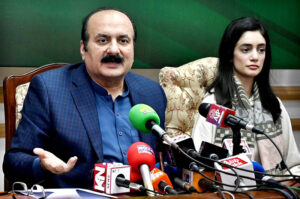 Chairman Prime Minister’s Youth Programme Rana Mashood Ahmed Khan talking to the media persons during press conference at Aiwan-e-Iqbal.