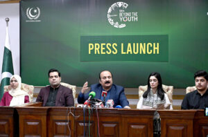 Chairman Prime Minister’s Youth Programme Rana Mashood Ahmed Khan talking to the media persons during press conference at Aiwan-e-Iqbal.