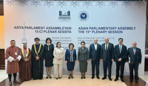 Chairman Senate, Syed Yousuf Raza Gillani in a group photo along with the participating speakers in the 15th Plenary Session of the Asian Parliamentary Assembly (APA).