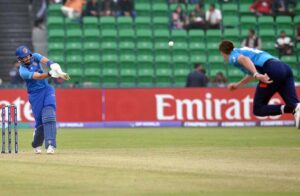 Afghanistan player Ibrahim Zadran plays a shot during the ICC Champions Trophy one-day international (ODI) cricket match between Afghanistan and England at the Gaddafi Stadium.