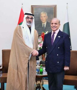 Crown Prince of Abu Dhabi and Chairman Abu Dhabi Executive Council His Highness Sheikh Khaled bin Mohamed bin Zayed Al Nahyan calls on Prime Minister Muhammad Shehbaz Sharif.