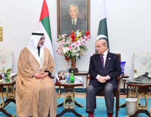 Crown Prince of Abu Dhabi and Chairman Abu Dhabi Executive Council His Highness Sheikh Khaled bin Mohamed bin Zayed Al Nahyan calls on Prime Minister Muhammad Shehbaz Sharif.