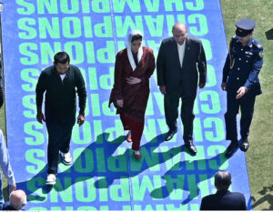 President Asif Ali Zardari along with First Lady Aseefa Bhutto Zardari attends at the opening ceremony of ICC Champions Trophy one-day international (ODI) cricket match between Pakistan and New Zealand at National Stadium.