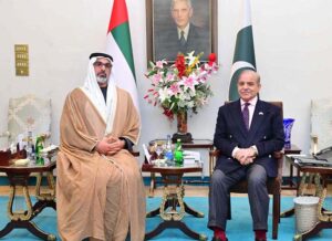 Crown Prince of Abu Dhabi and Chairman Abu Dhabi Executive Council His Highness Sheikh Khaled bin Mohamed bin Zayed Al Nahyan calls on Prime Minister Muhammad Shehbaz Sharif.