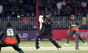 New Zealand Devon Conway bats during the ICC Champions Trophy cricket match between Bangladesh and New Zealand, at Pindi cricket Stadium.