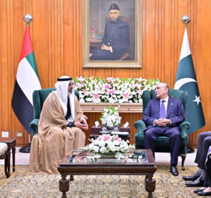 President Asif Ali Zardari in a meeting with the Crown Prince of Abu Dhabi and Chairman of Abu Dhabi Executive Council, Sheikh Khaled bin Mohamed bin Zayed, at Aiwan-e-Sadr.