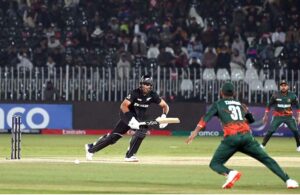 New Zealand Devon Conway bats during the ICC Champions Trophy cricket match between Bangladesh and New Zealand, at Pindi cricket Stadium.