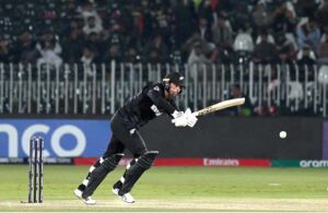 New Zealand Devon Conway bats during the ICC Champions Trophy cricket match between Bangladesh and New Zealand, at Pindi cricket Stadium.