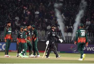 New Zealand Devon Conway bats during the ICC Champions Trophy cricket match between Bangladesh and New Zealand, at Pindi cricket Stadium.