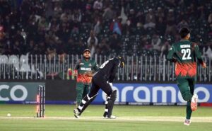 New Zealand Devon Conway bats during the ICC Champions Trophy cricket match between Bangladesh and New Zealand, at Pindi cricket Stadium.