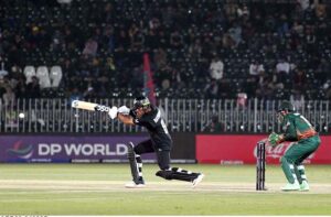 New Zealand Devon Conway bats during the ICC Champions Trophy cricket match between Bangladesh and New Zealand, at Pindi cricket Stadium.