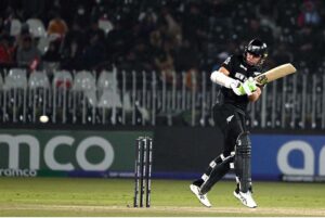 New Zealand Devon Conway bats during the ICC Champions Trophy cricket match between Bangladesh and New Zealand, at Pindi cricket Stadium.