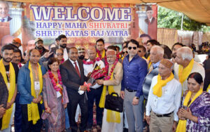 Additional Secretary Shrines, Saif Ullah Khokhar, greets Hindu Yatrees upon their arrival at JCP Wagah.