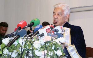 Defense Minister Khawaja Muhammad Asif addressing during the fourth convocation of Khawaja Muhammad Safdar Medical College (KMSMC).