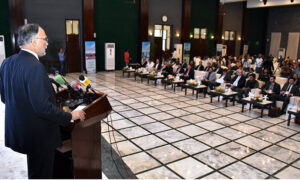 Federal Minister for Planning, Development, and Special Initiatives Ahsan Iqbal, speaking at the “Uraan Pakistan” Workshop at CM house.