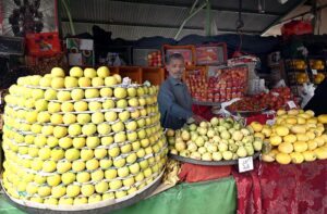 A vendor display and sells fruit to attract customers at weekly bazaar H-9 sector in the Federal Capital.