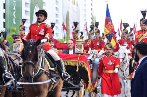 President Asif Ali Zardari arriving at the venue to witness the Pakistan Day parade ceremony, at Aiwan-e-Sadr.