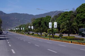 A view of Banners displayed on green belt in connection with Pakistan Day at Constitution Avenue in the Federal Capital.