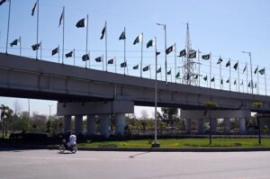 A view of Banners displayed on green belt in connection with Pakistan Day at Constitution Avenue in the Federal Capital.