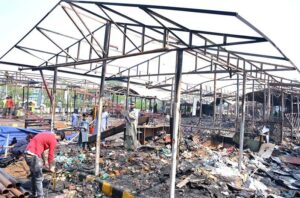 A view of the shops and stalls burnt after a fire erupted in Model Bazaar on Jhang Road due to a short-circuit. Approximately 56 shops and stalls reduced to ashes in the fire incident.