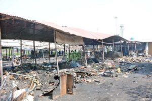 A view of the shops and stalls burnt after a fire erupted in Model Bazaar on Jhang Road due to a short-circuit. Approximately 56 shops and stalls reduced to ashes in the fire incident.