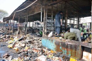 A view of the shops and stalls burnt after a fire erupted in Model Bazaar on Jhang Road due to a short-circuit. Approximately 56 shops and stalls reduced to ashes in the fire incident.