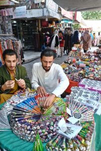 Vendors displaying and selling cone Mehndi to attract customers at G-9 in the Federal Capital.