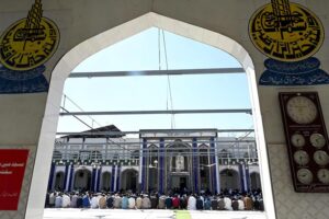 A large number of faithful offering third Friday prayer of Holy Fasting Month of Ramzan ul Mubarak at Jamia Masjid Al-Noor G-7.