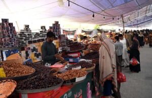 People purchasing fruits and vegetables from Sahulat Ramzan Bazaar at Murree Road.