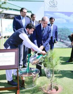 Prime Minister Muhammad Shehbaz Sharif plants a sapling of Chir Pine to inaugurate tree plantation campaign for Spring-2025.