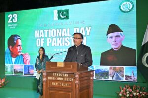 The Charge d'Affaires of Pakistan to India, Mr. Saad Ahmad Warraich addressing the Pakistan Day Reception held at Pakistan High Commission.