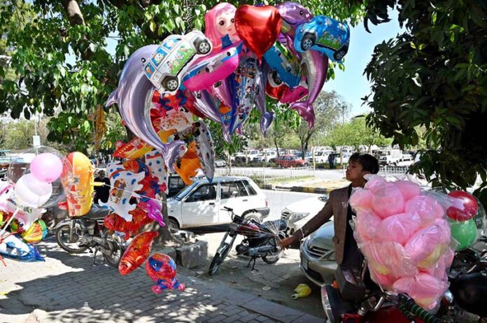 A young vendor displaying cotton candy and different shapes balloons to attract the customers at Aabpara Market in the Federal Capital