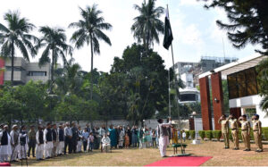 Pakistan's High Commissioner to Bangladesh, Syed Ahmed Maroof, addressing the Flag Hoisting Ceremony to mark the 85th National Day of Pakistan in Pakistan High Commission.