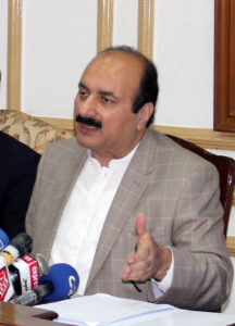 Chairman Prime Minister Youth Programme Rana Mashood Ahmed addressing a press conference at Aiwan-e-Iqbal.