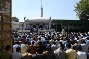 A large number of faithful offering third Friday prayer of Holy Fasting Month of Ramzan ul Mubarak at Masjid Al-Shuhada.