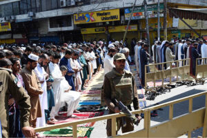 A large number of faithful offering third Friday prayer of Holy Fasting Month of Ramzan ul Mubarak at Masjid Al-Shuhada.