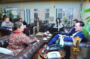 Coordinator to the Prime Minister for Climate Change, Romina Khurshid Alam speaking with a delegation headed by Jamie Fergusson, Global Director for Climate at the International Finance Corporation (IFC), during their visit to her office