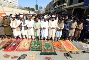 People offering the first Jummah prayer of Ramadan at Shahi Eidgah.