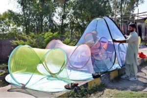 A vendor displays mosquito nets for customers on the roadside.