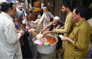 During the holy fasting month of Ramzan ul Mubarak, a vendor is selling traditional food items called 'Siri Paye' in the city